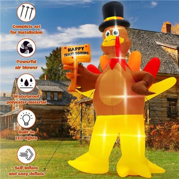 12FT Inflatable Turkey, LED Lighted Turkey Holding Happy Thanksgiving Sign - Picture 4 of 8